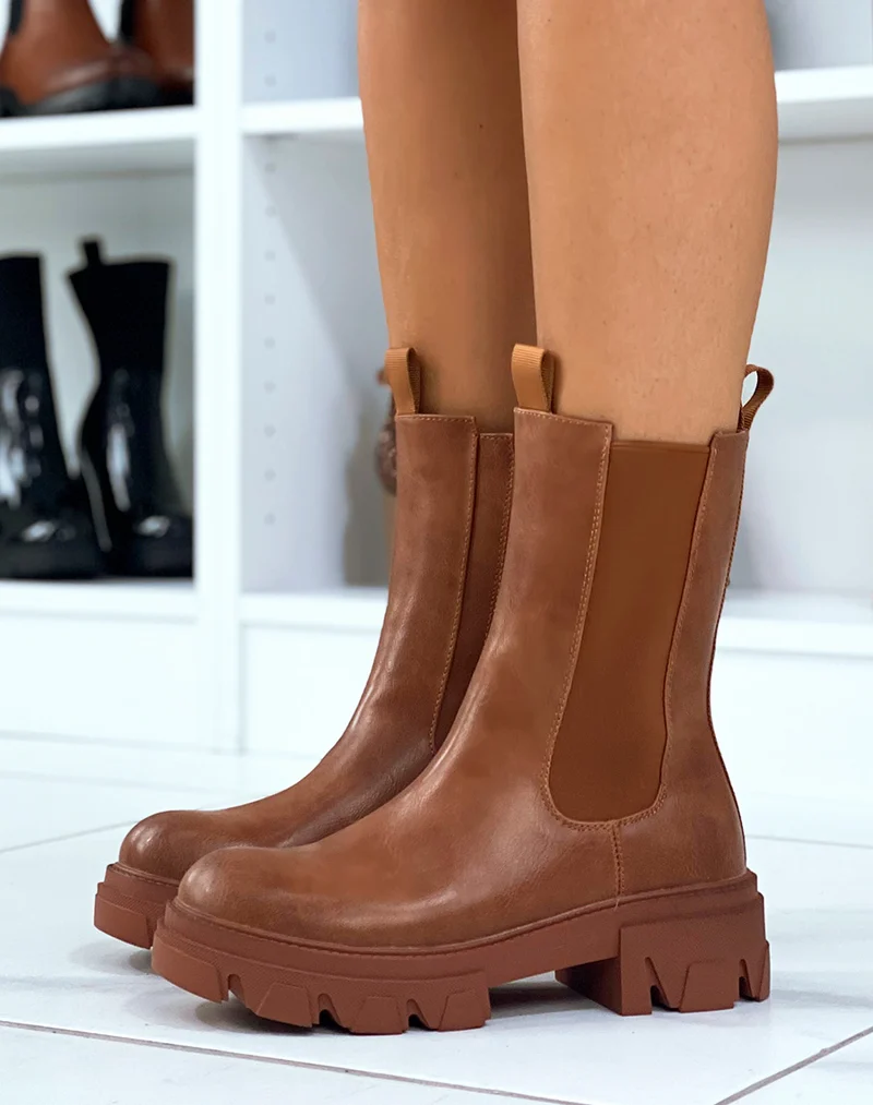 Bottines hautes camel à semelle crantée