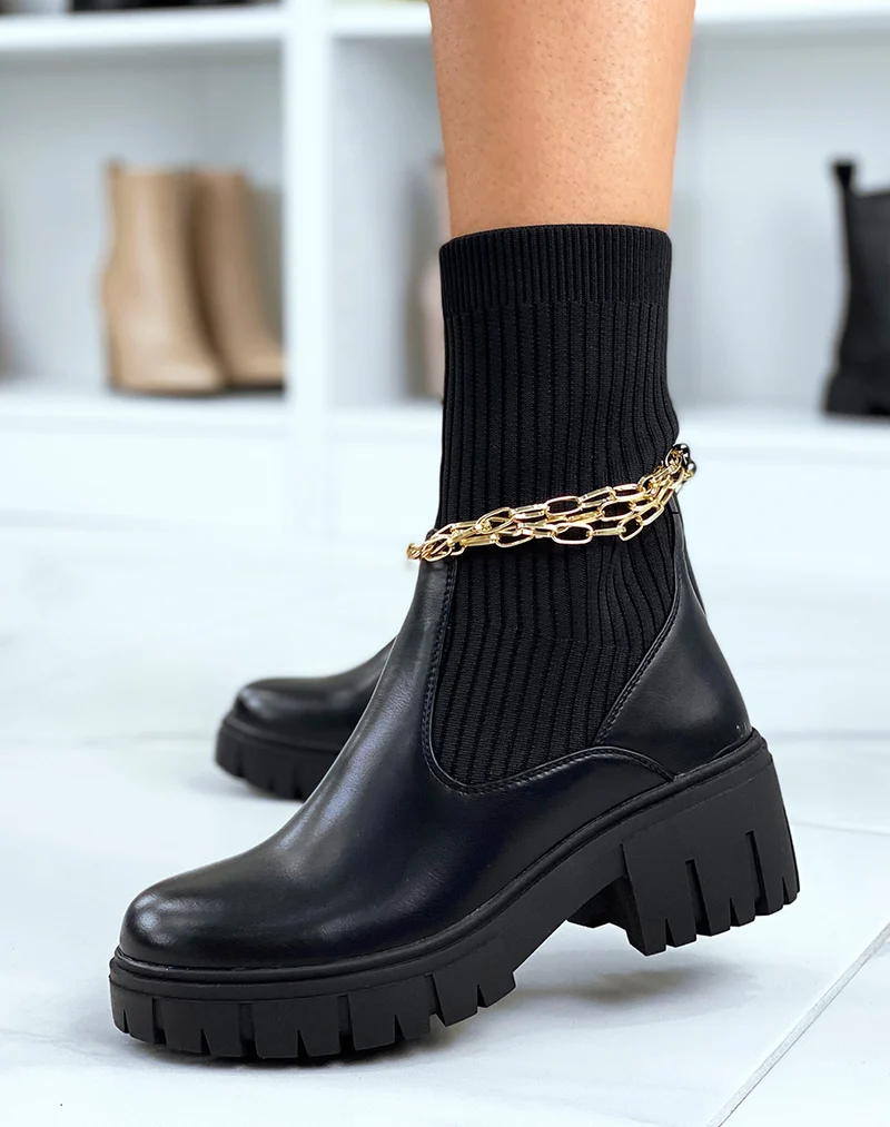 Bottines noires montantes effet chaussette à fines chaines dorées