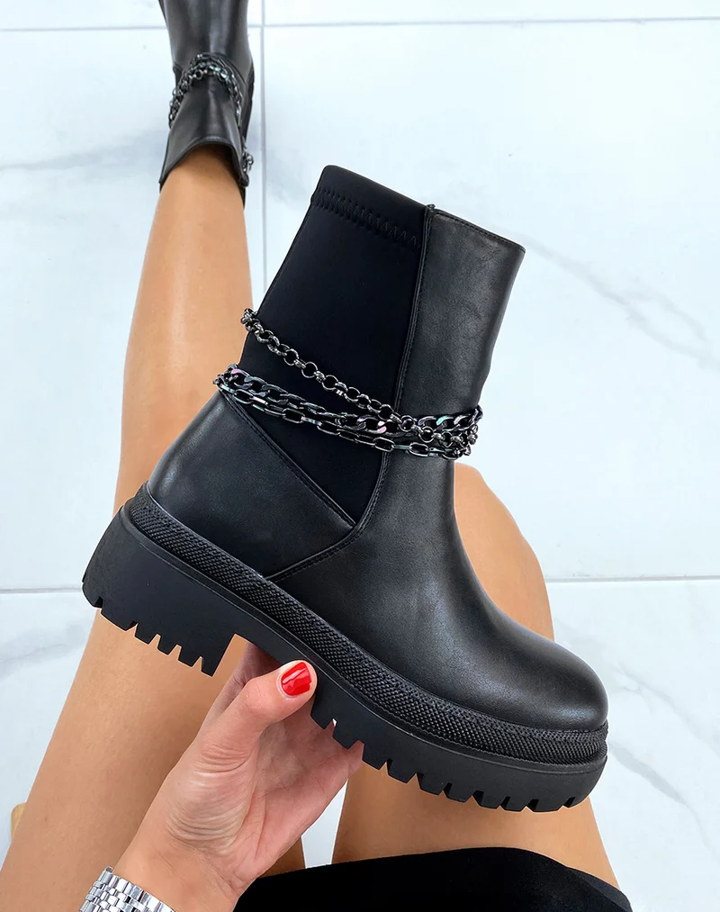 Bottines noires bi-matières ornées de chaines
