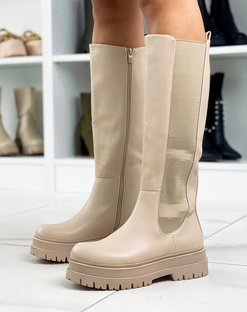 Bottes hautes beiges style chelsea