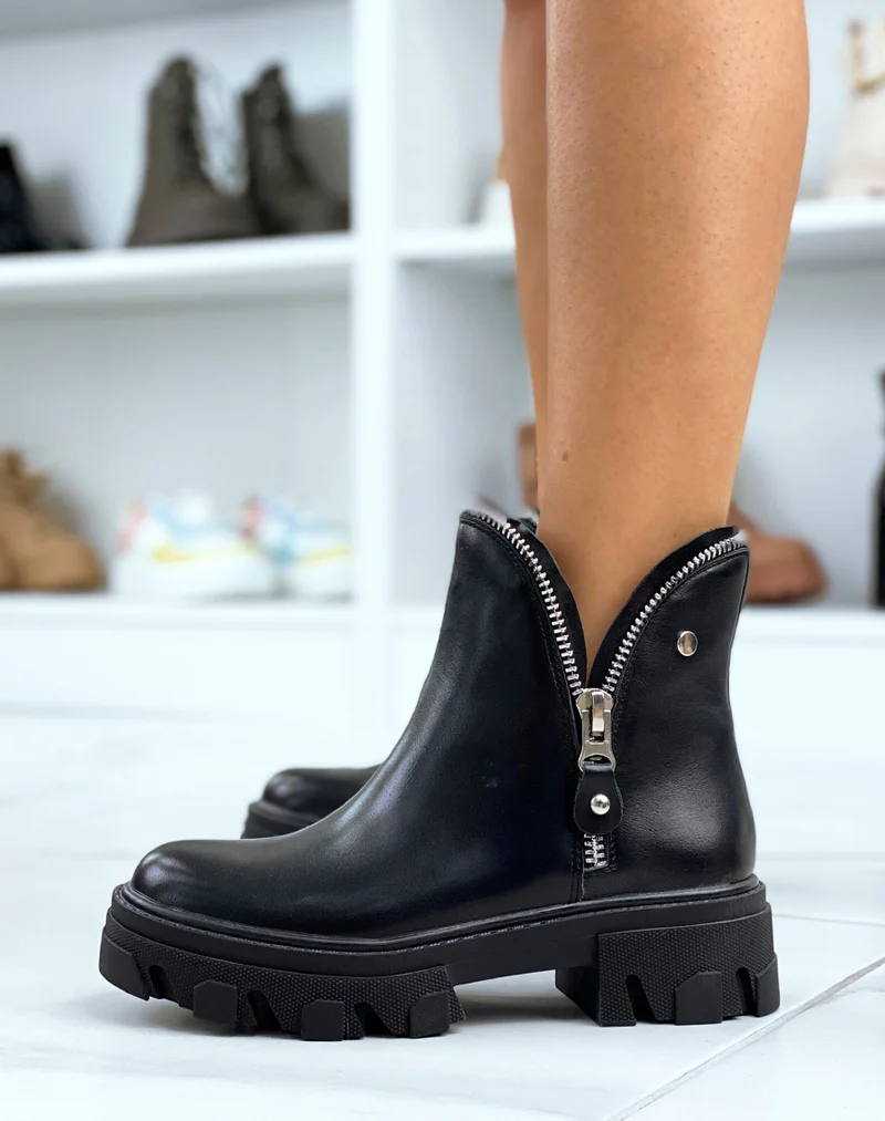 Bottines noires effet pétale zipée et semelle crantée