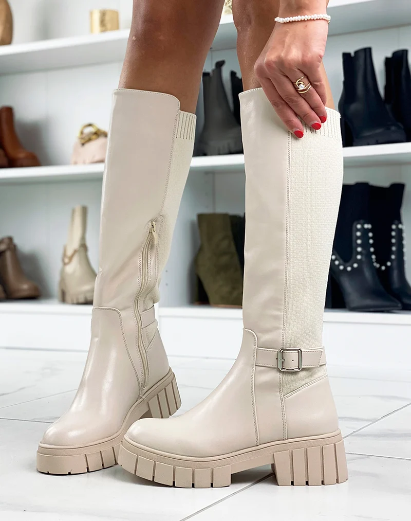 Bottes beiges bi-matière à lanière et semelle épaisse