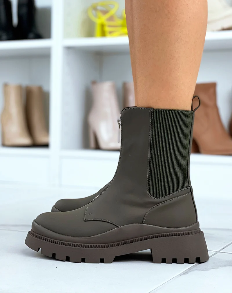Bottines montantes kakis à zip et élastiques