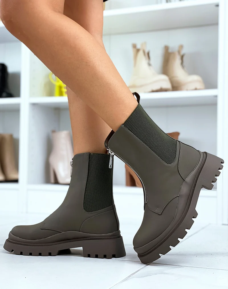 Bottines montantes kakis à zip et élastiques