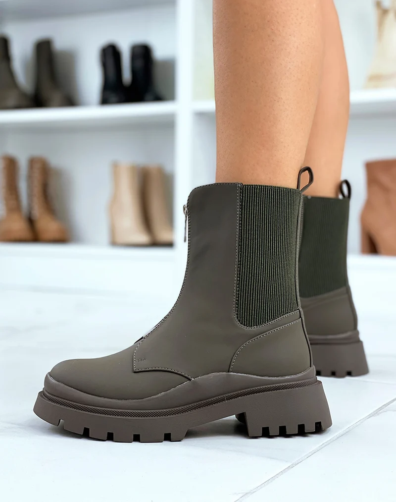Bottines montantes kakis à zip et élastiques