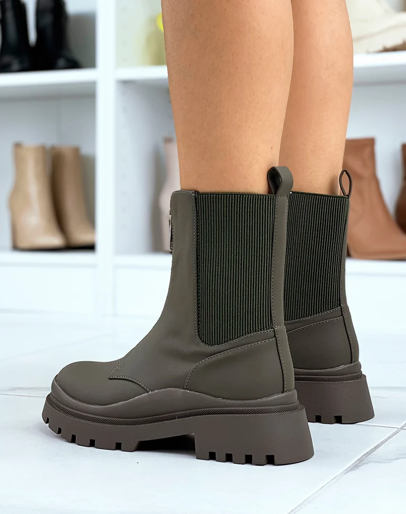 Bottines montantes kakis à zip et élastiques