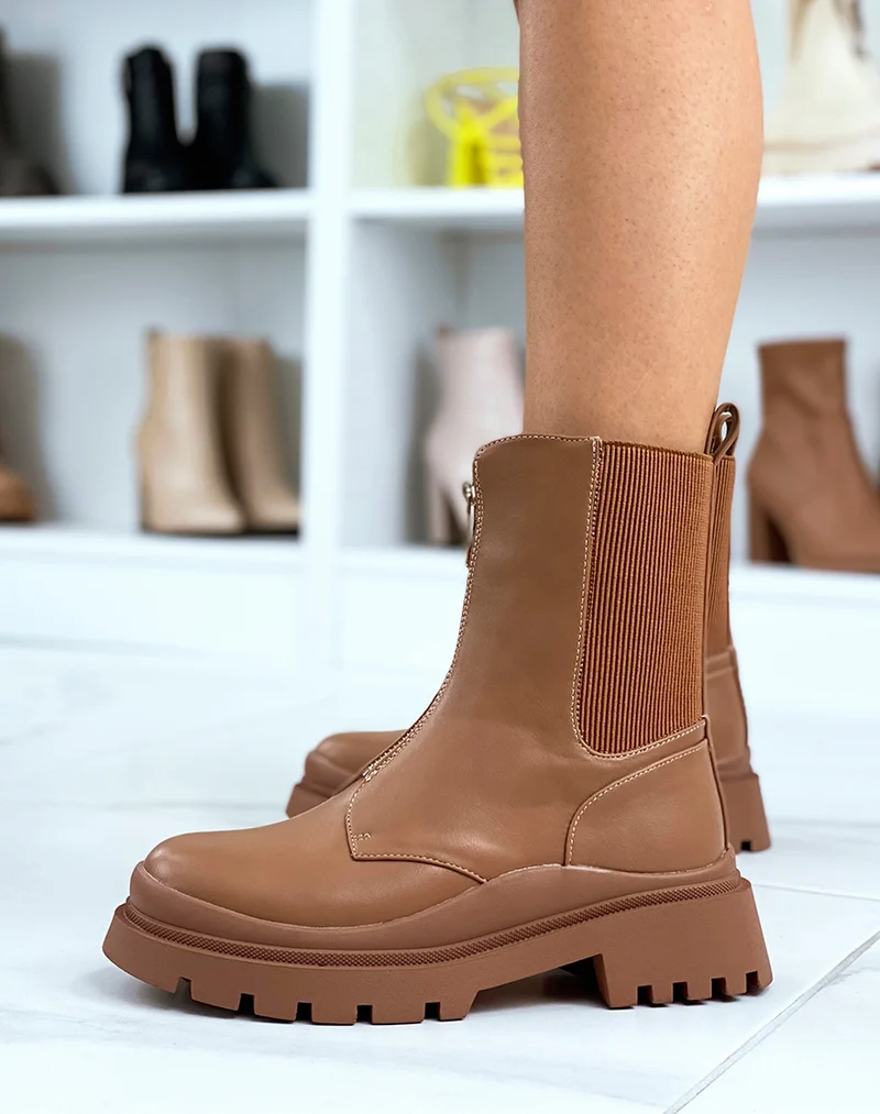 Bottines montantes marrons à zip et élastiques