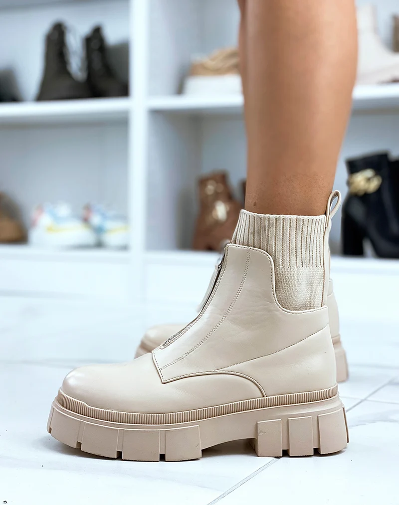 Bottines beiges effet chaussette à zip avant et semelle épaisse