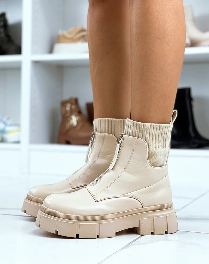 Bottines beiges effet chaussette à zip avant et semelle épaisse