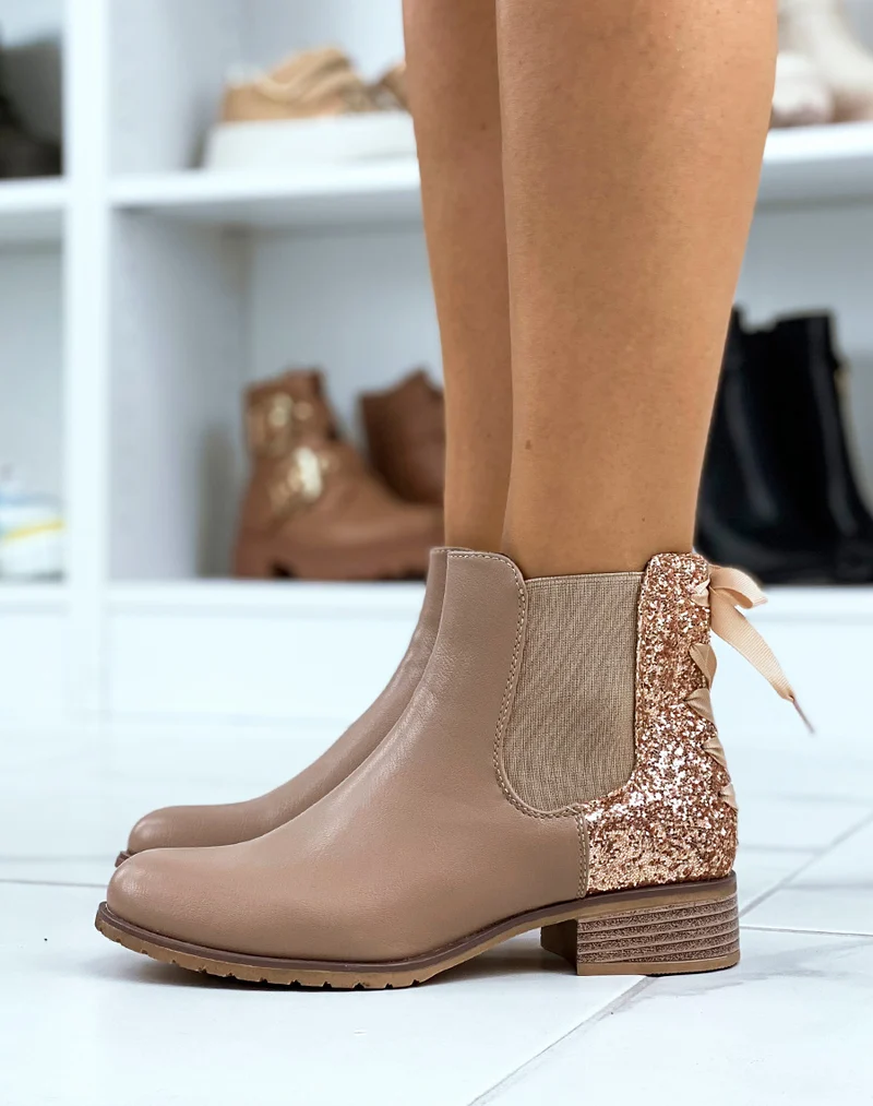 Chelsea boots beige à paillettes roses avec noeud