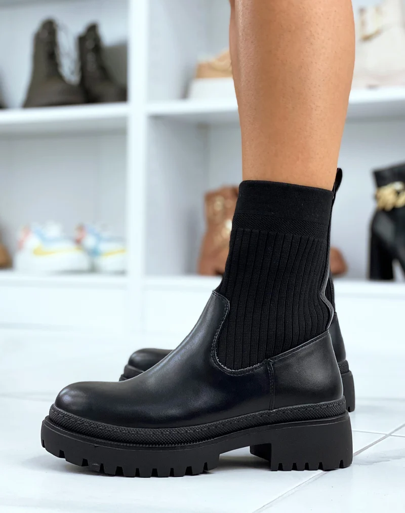 Bottines noires mi-similicuir mi-chaussette