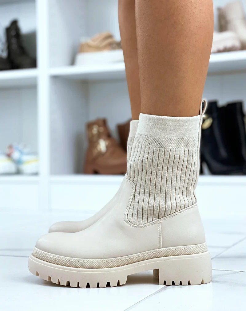 Bottines beige mi-similicuir mi-chaussette