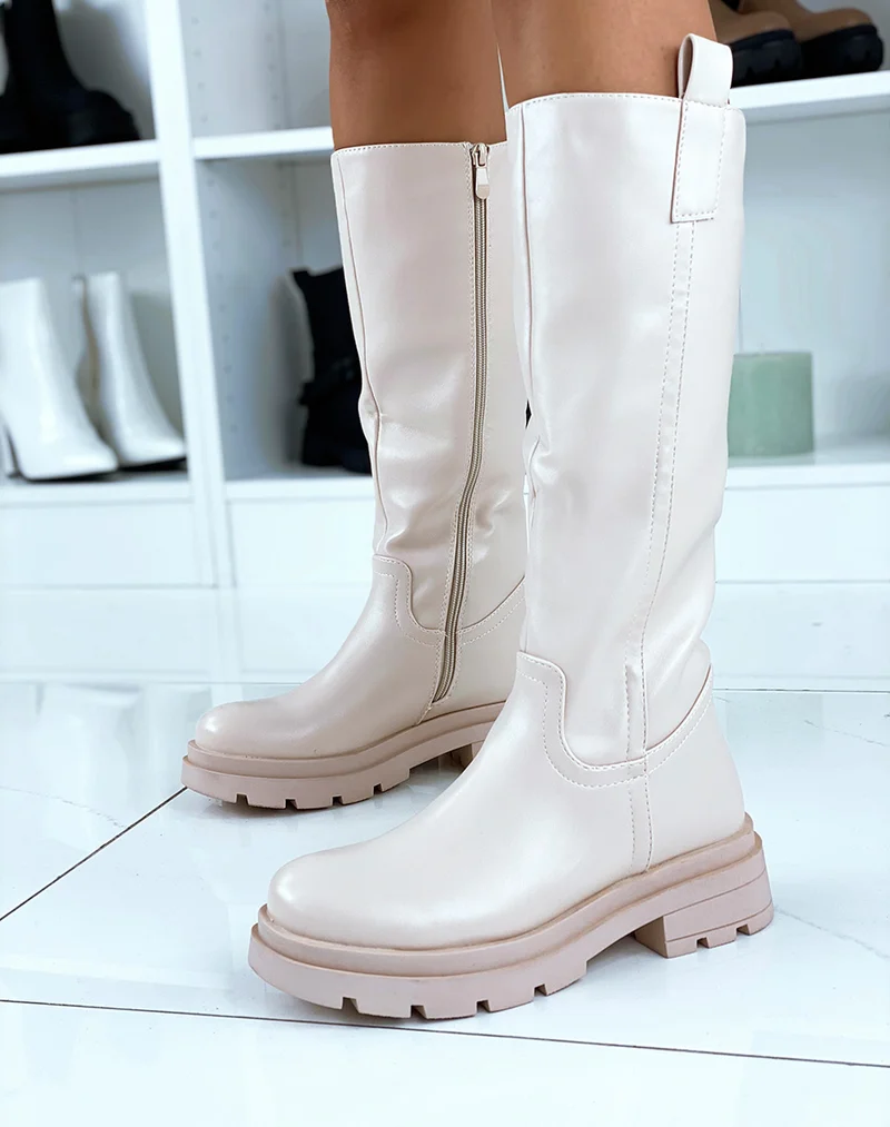 Bottes hautes beige à semelle crantée