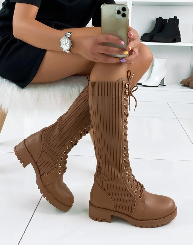 Bottes hautes capuccino effet chaussette