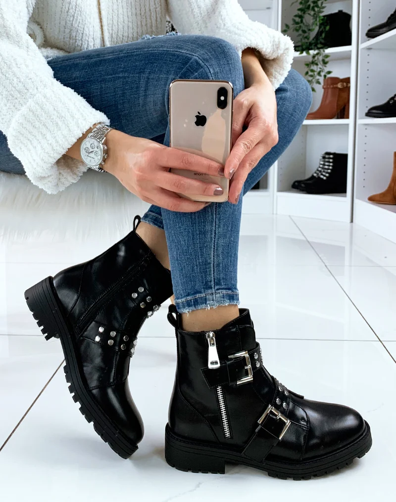 Bottines noires à double lanières et fermeture