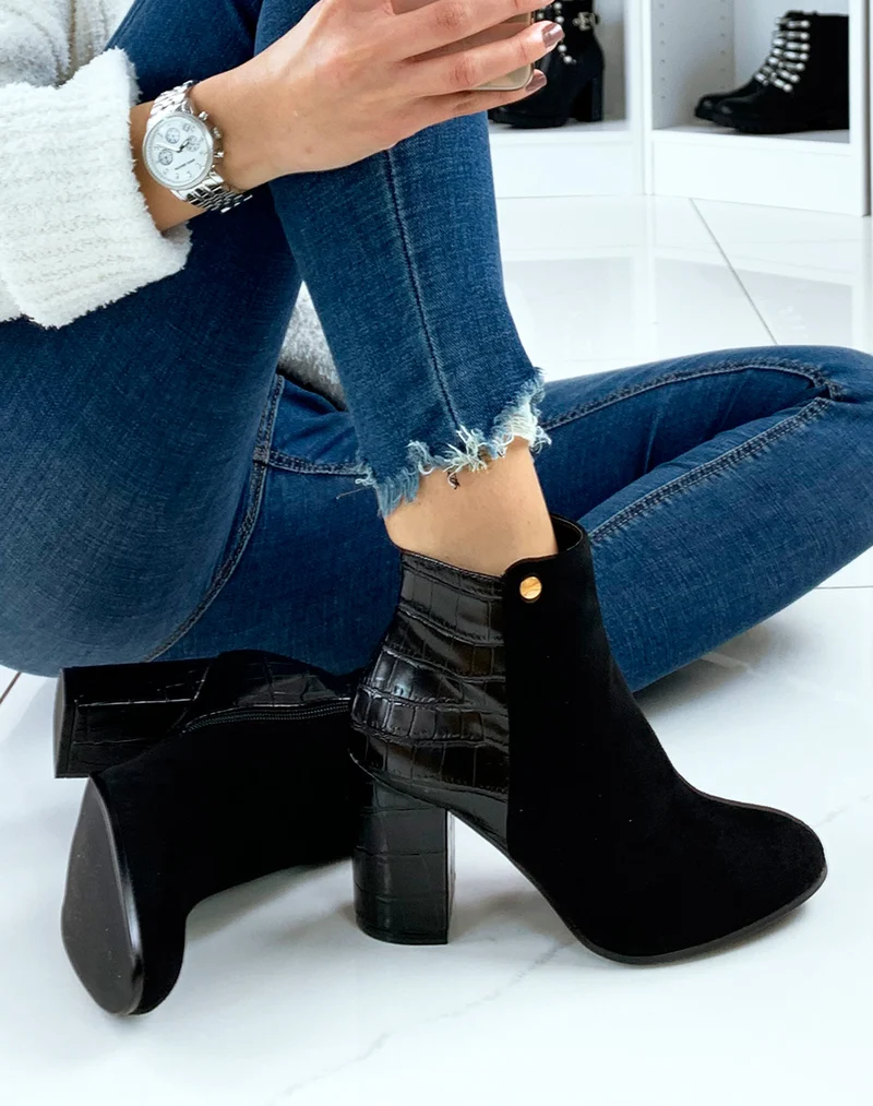 Bottines noires à talon en suédine noir et effet croco