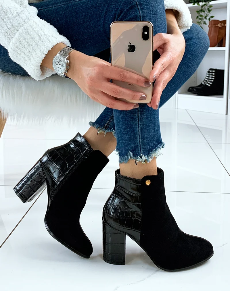 Bottines noires à talon en suédine noir et effet croco