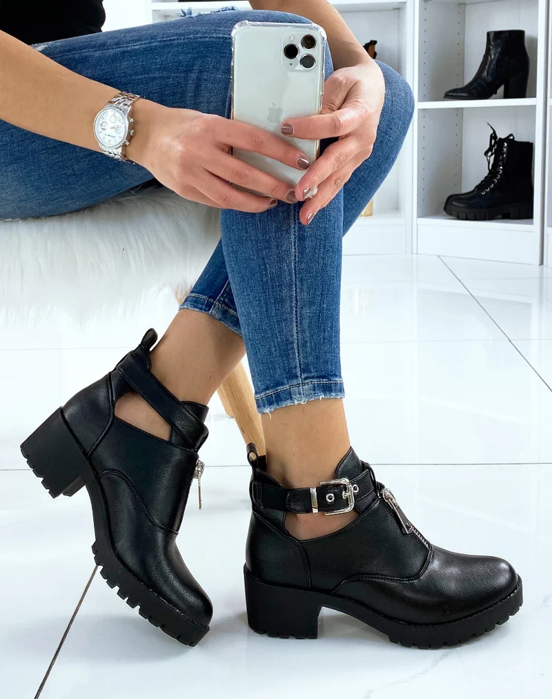 Bottines basses noires ajourées à talon