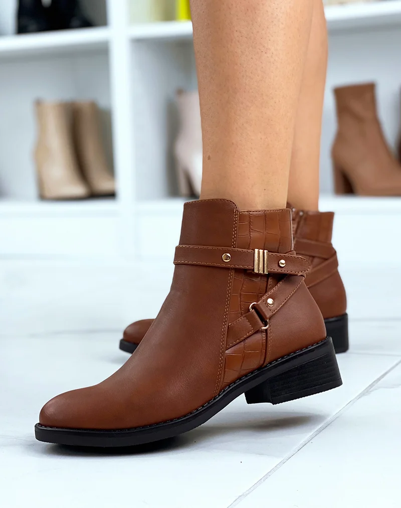 Bottines camel à brides entrecroisées et effet croco