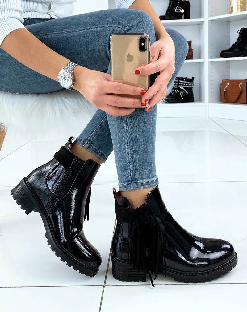 Chelsea boots noires vernies bi-matière à frange