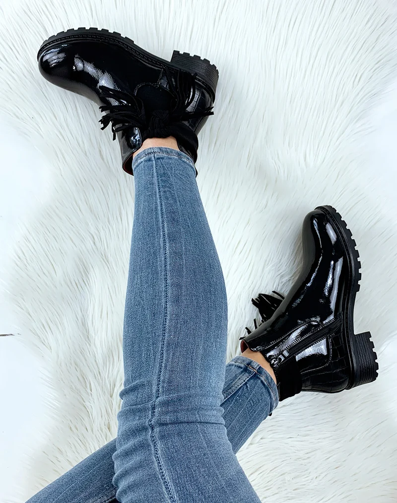 Chelsea boots noires vernies bi-matière à frange