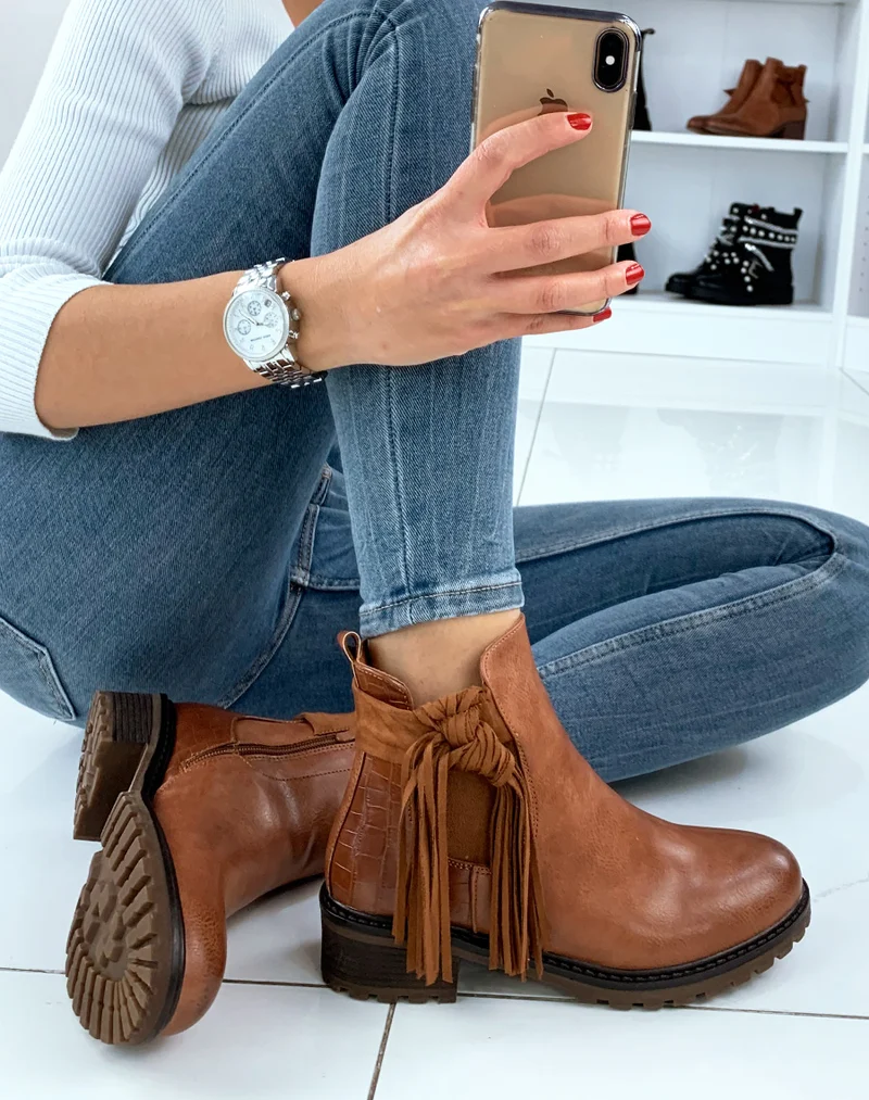 Chelsea boots camel bi-matière à frange