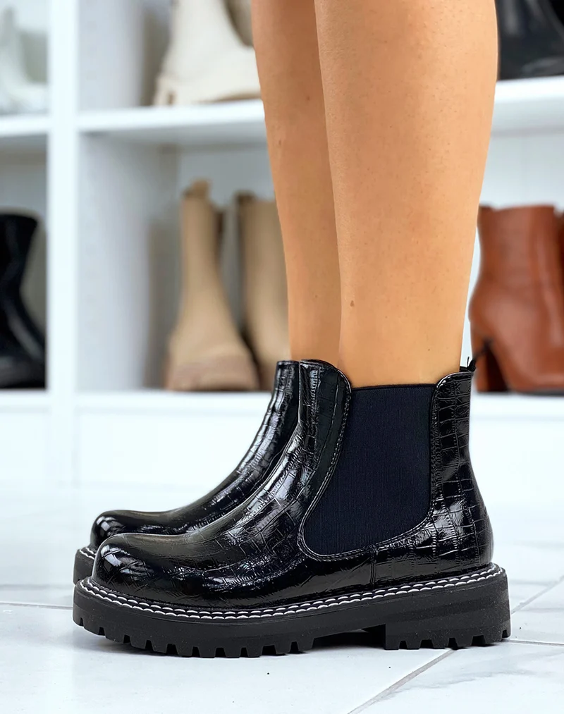Chelsea boots effet croco noir à grosse plateforme