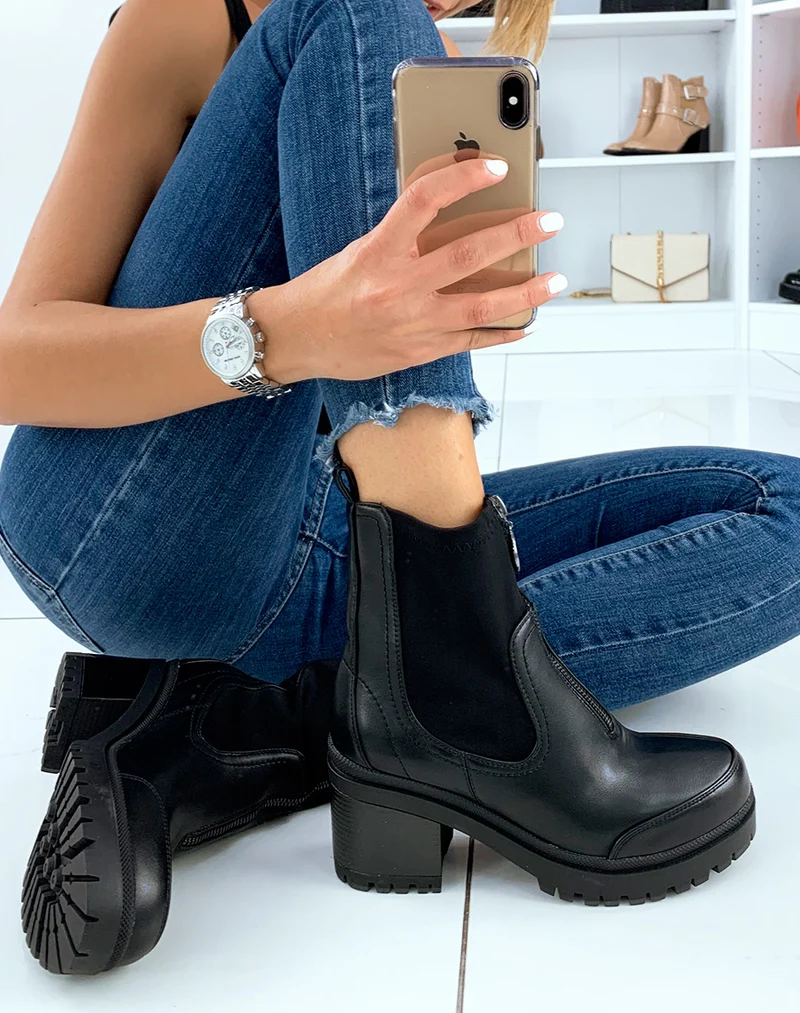 Bottines noires à talon mi-haut à zip