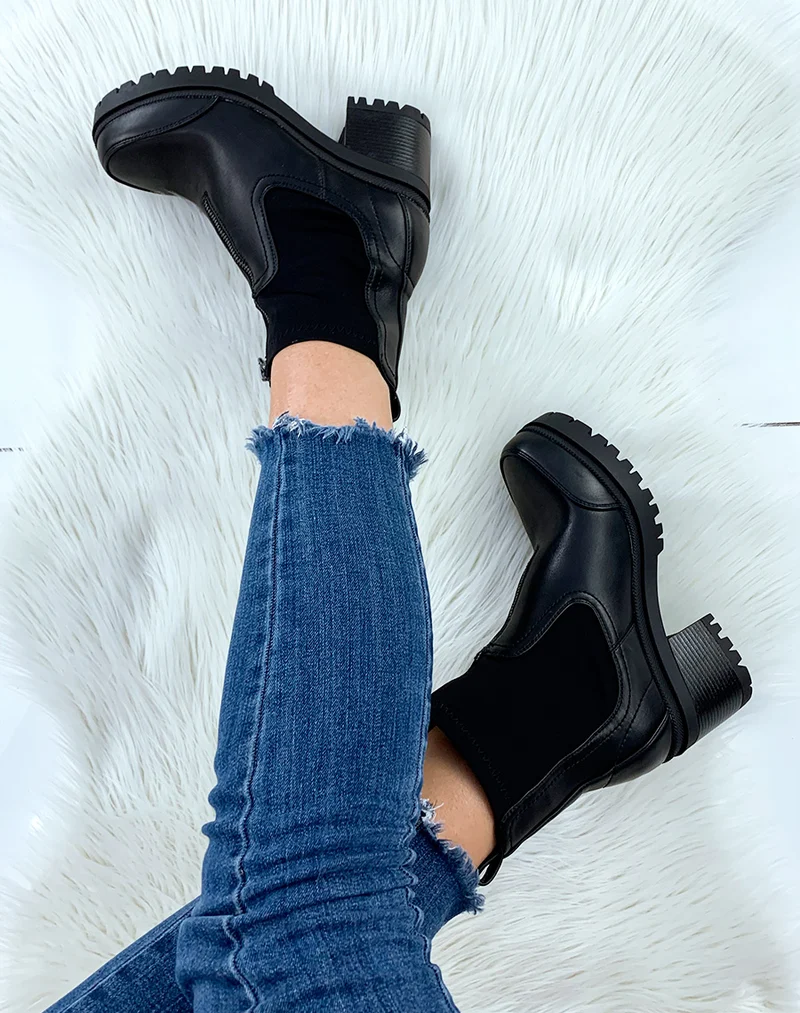 Bottines noires à talon mi-haut à zip