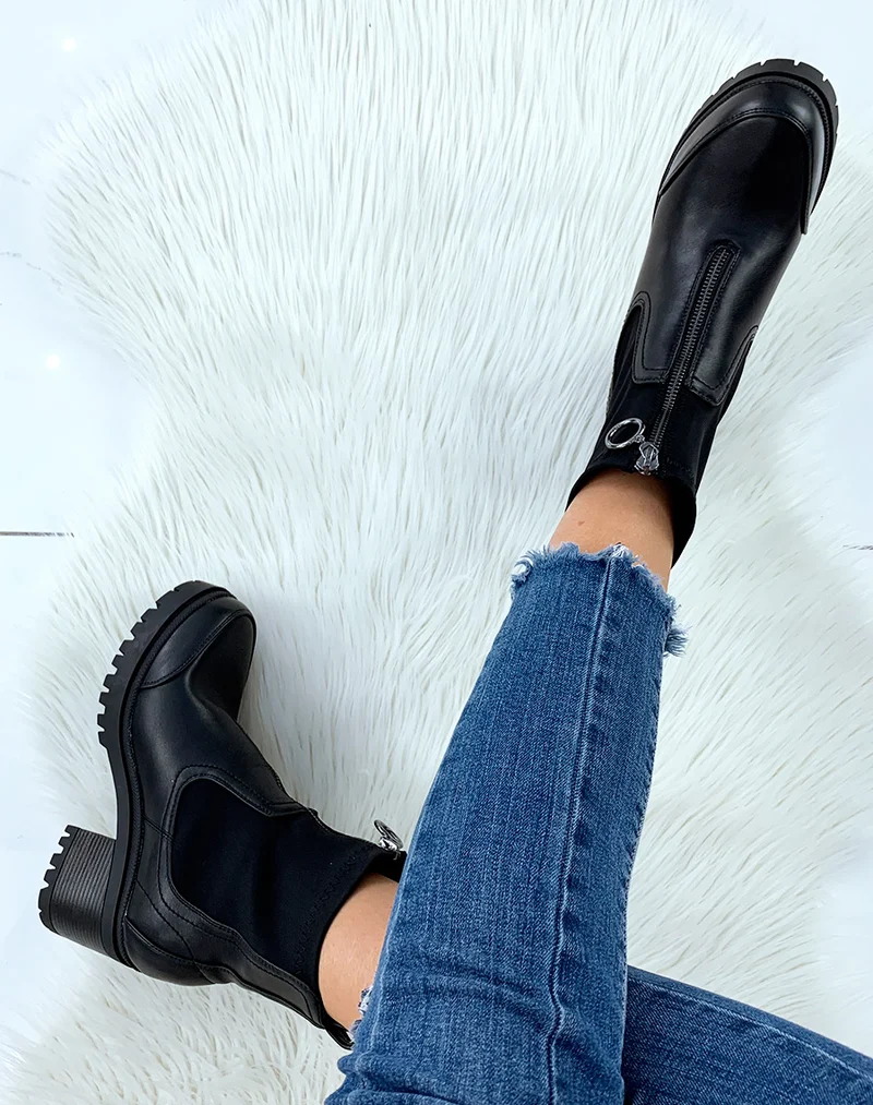 Bottines noires à talon mi-haut à zip