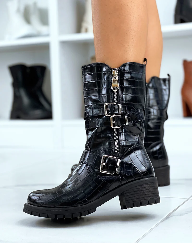 Bottines vernies noires haute effet croco à sangles