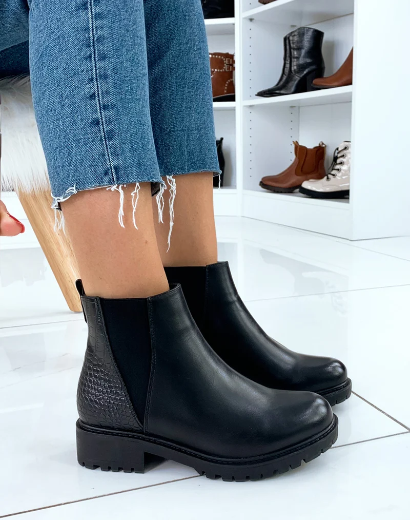 Bottines basses noires effet croco