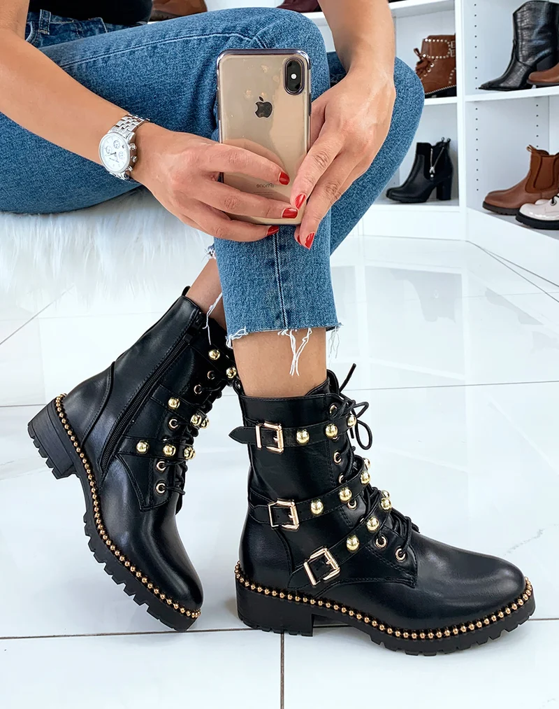 Bottines montantes noires à détails dorés