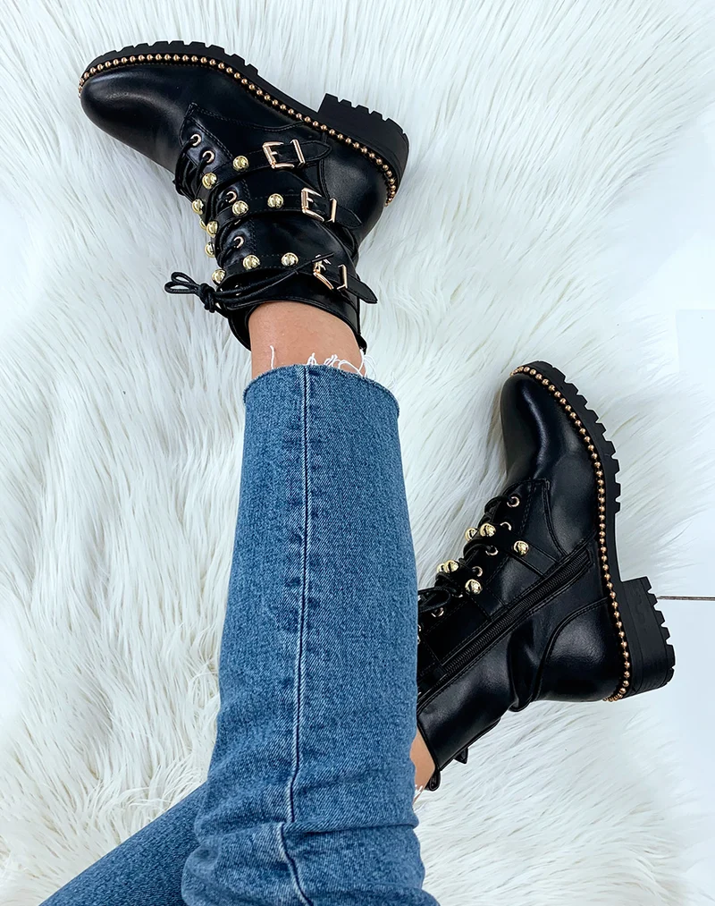 Bottines montantes noires à détails dorés