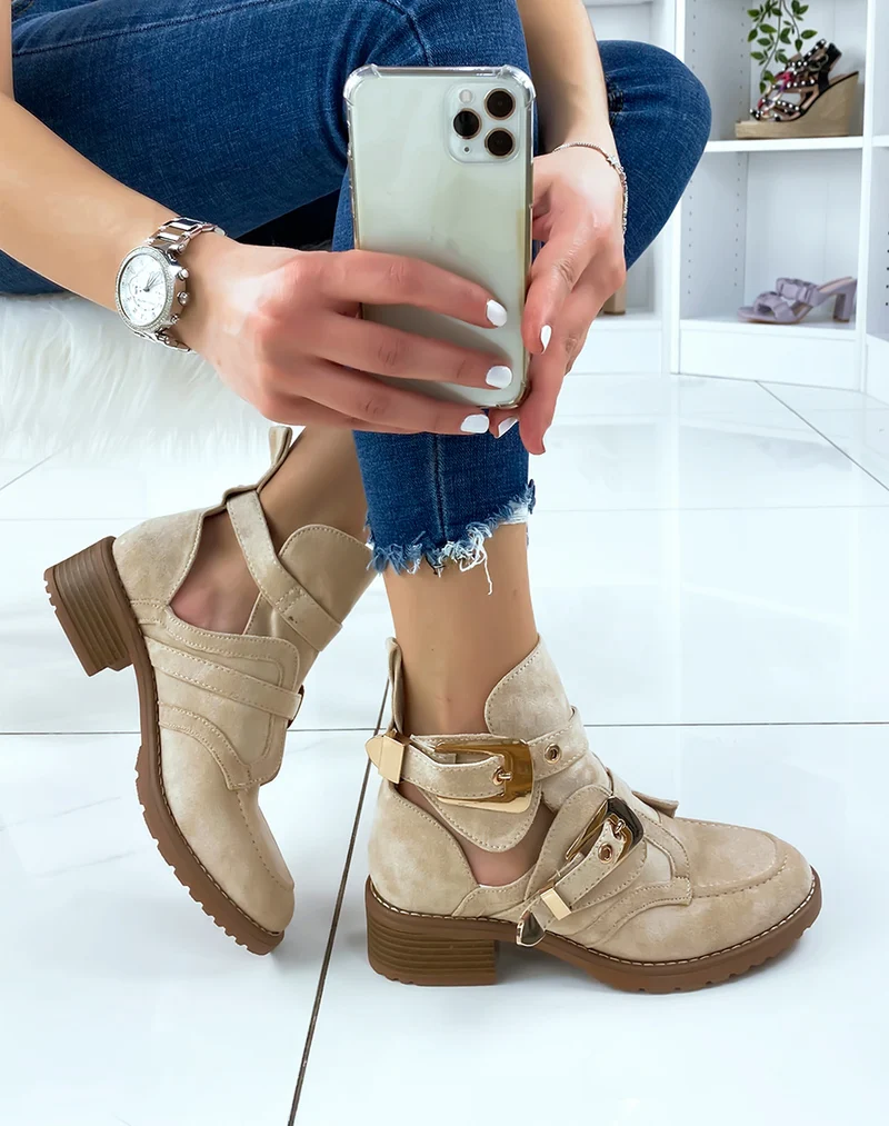 Bottines ouvertes beiges en suédine