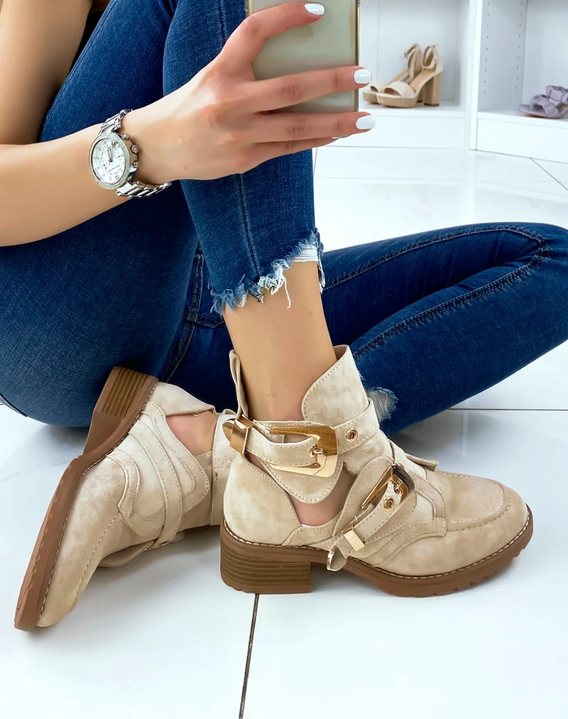 Bottines ouvertes beiges en suédine