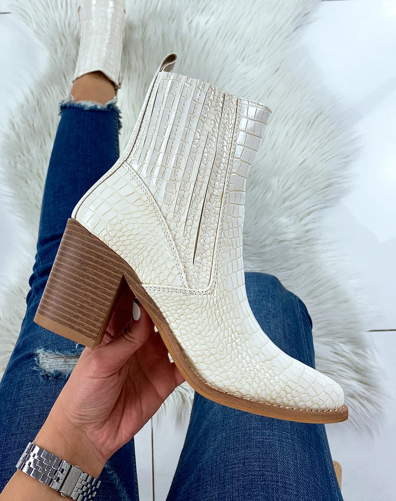 Santiags croco beige à bout pointu