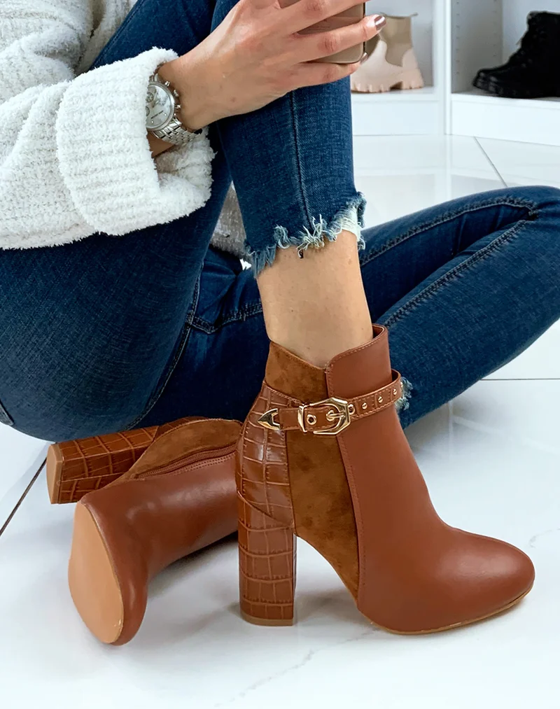 Bottines camel à talon triple matières
