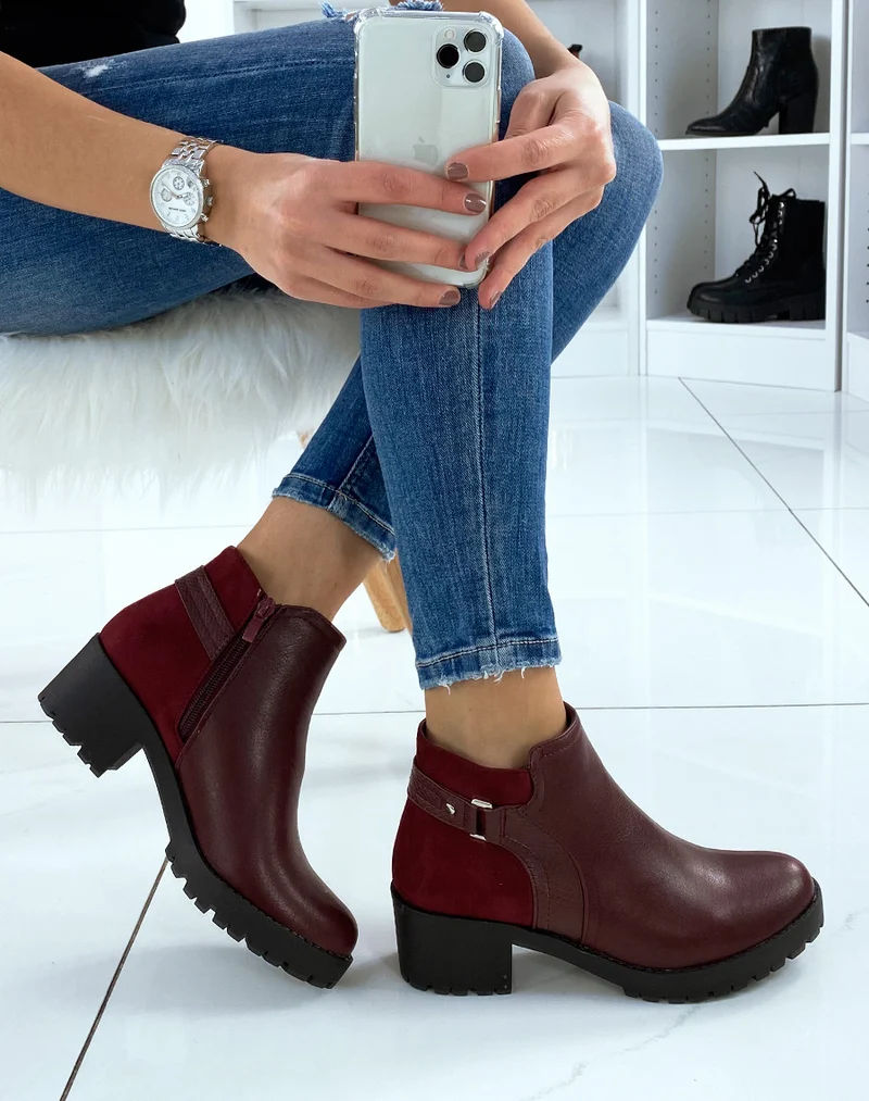 Bottines rouge bi-matière à talon