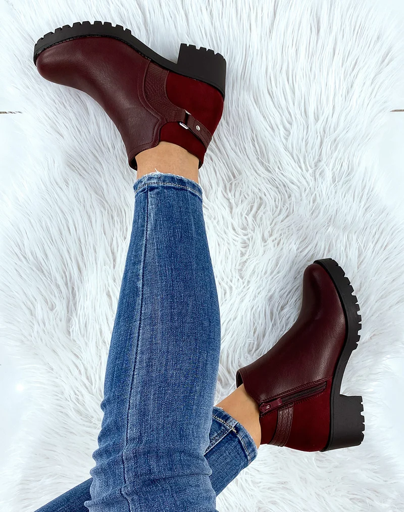 Bottines rouge bi-matière à talon