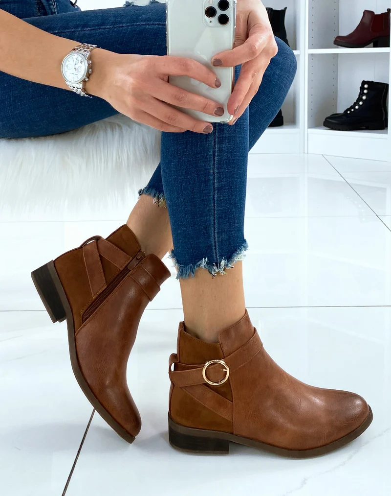 Bottines basses camel bi-matières