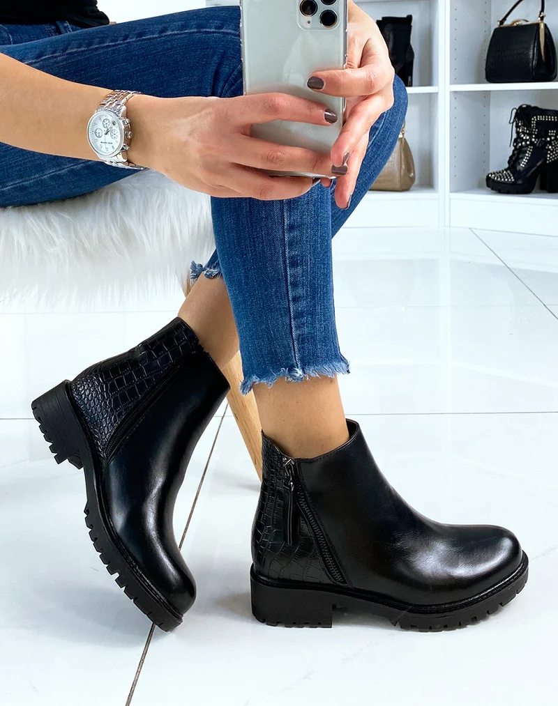 Bottines noires bi-matière effet croco