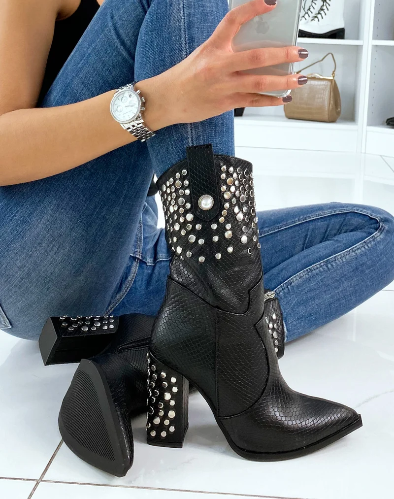 Bottines hautes effet croco noir à talon