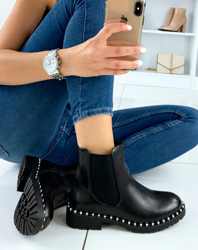Chelsea boots noires à perles