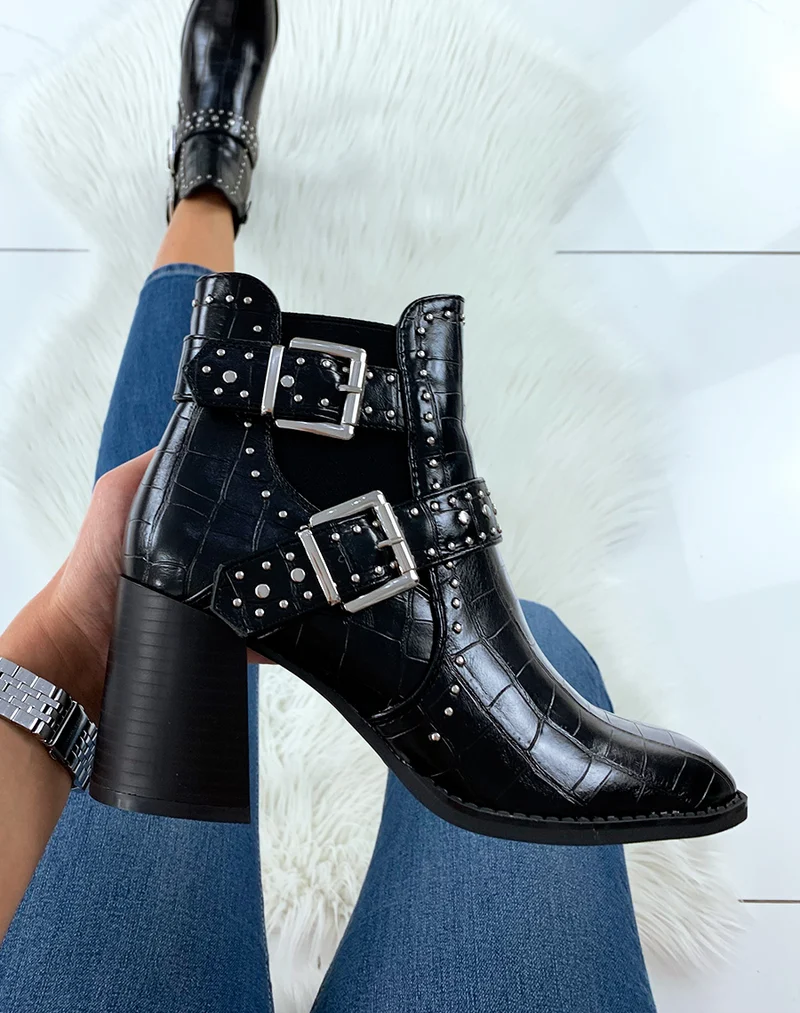Bottines à talon effet croco noir à bout carré