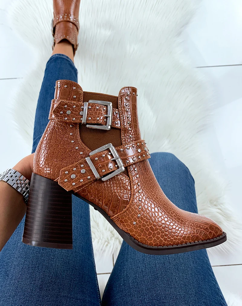 Bottines à talon effet croco camel à bout carré