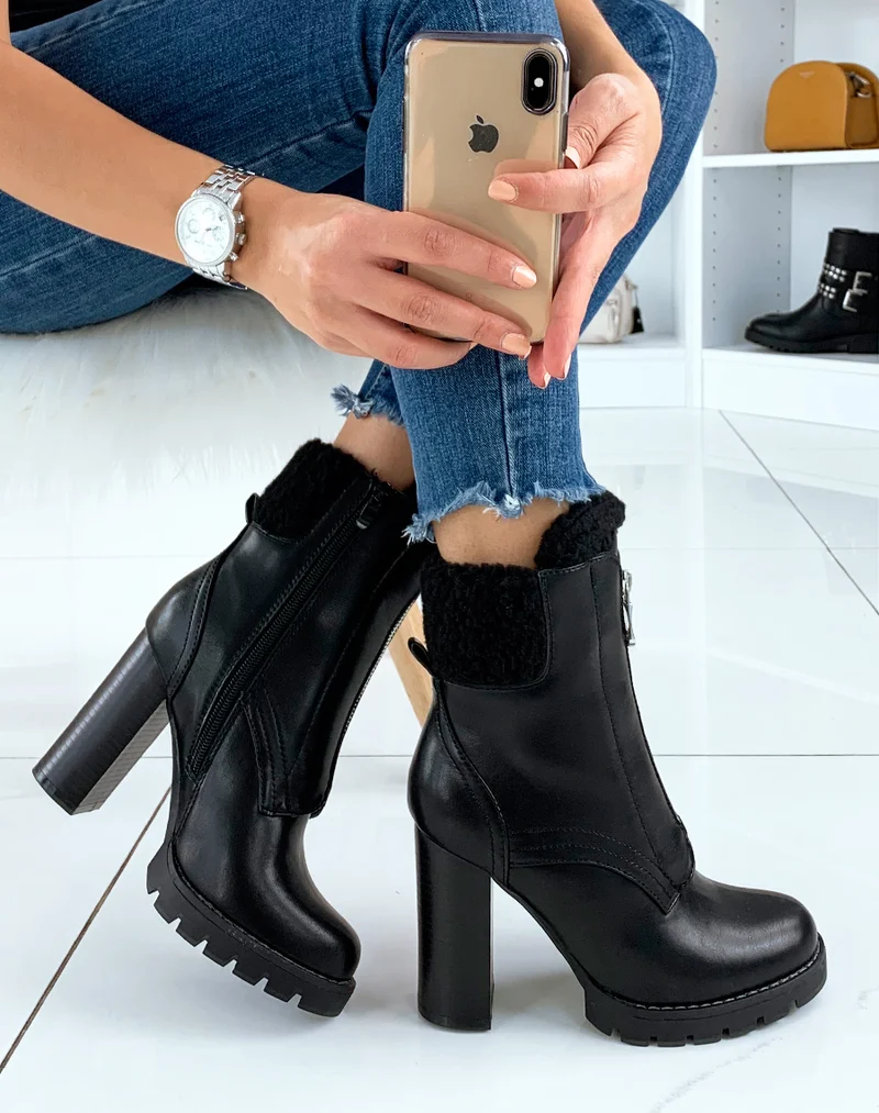 Bottines à talon noires fourrées