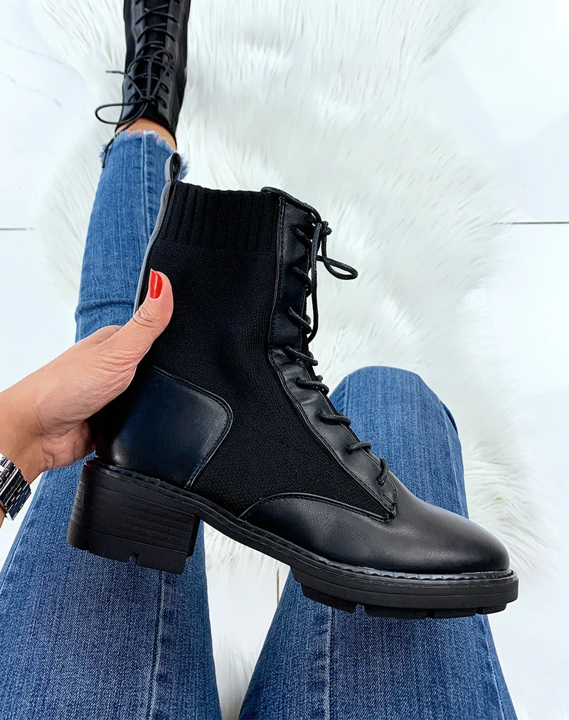 Bottines hautes noires bi-matières