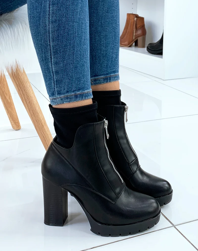 Bottines à talon noires effet chaussette