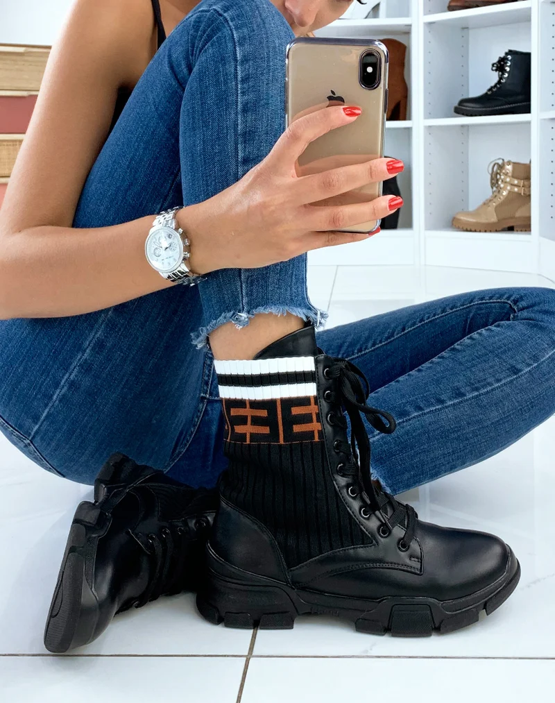 Bottines hautes noires effet chaussette